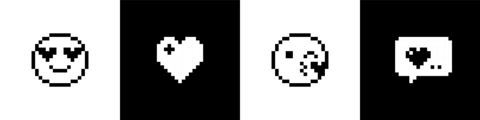 Love, kiss, heart, wow, i love u icons set. Pixel art romantic emoji pack. Pixels Y2k trendy playful stickers. 8bit retro elements in the mood of 90's aesthetics. Black and white. Vector illustration