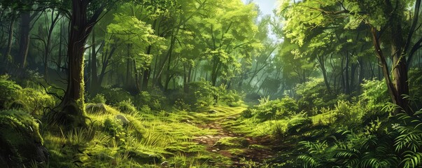 The image depicts a lush green forest with sunlight filtering through the dense foliage, creating a serene and vibrant atmosphere.