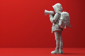 Child in hoodie stands with megaphone against red background, creating modern, youthful image - Powered by Adobe