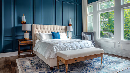 Contemporary bedroom in blue tones, highlighting a large double bed.