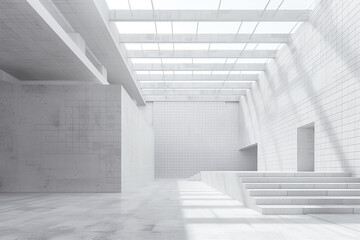 Obraz premium Minimalist interior of a white concrete space with geometric lines and subtle light play, epitomizing modern architectural purity.