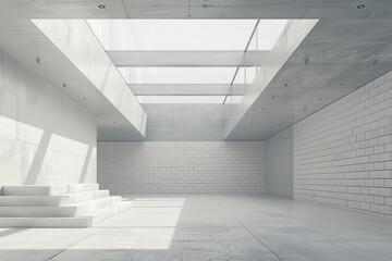 Minimalist interior of a white concrete space with geometric lines and subtle light play, epitomizing modern architectural purity.