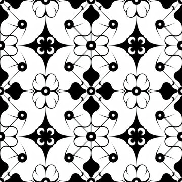 The image shows a black and white pattern consisting of several interconnected shapes. The repeated pattern includes stylized flowers with four or five petals and circular centers. Between the flowers