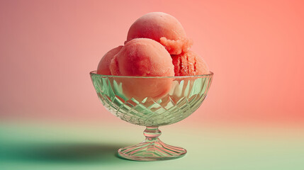 Crystal Bowl of Watermelon Sorbet on Gradient Background from Green to Pink