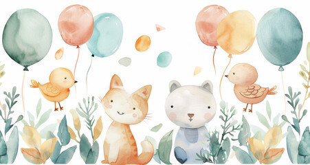 Enchanting Watercolor Themed Baby Nursery Featuring a Delightful Cat, Amiable Dog, and Inquisitive Bird Amidst Soft hued Balloons and Foliage
