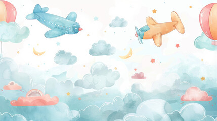 Playful Watercolor Nursery Artwork Featuring Cars and Planes with a Soft Pastel Palette