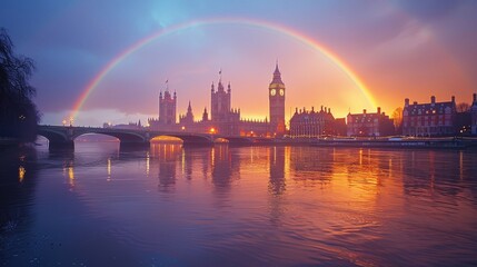 Majestic London skyline under a dramatic double rainbow along the River Thames during sunset