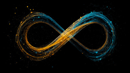 Infinity symbol with glowing particles on black background. concept of infinity, loop, eternity, eternal, symbol