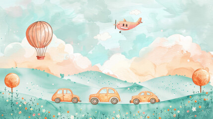 Playful Nursery Artwork with Cars and Planes in Soft Pastel Watercolors