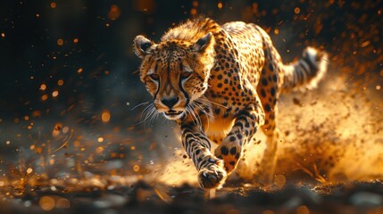 Cheetah sprinting with lightning trails vintage tone background