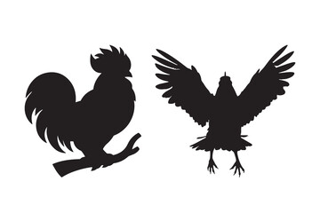 Set of vector rooster and chicken black silhouettes isolated on white background. Domestic animals hen vector illustration. hen art work.