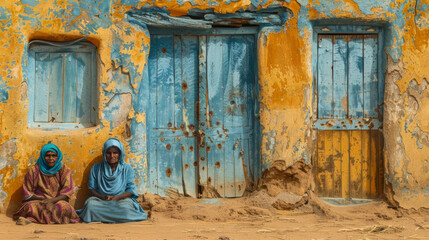 Two women dressed in traditional garments sitting in front of a colorful, weathered mud house