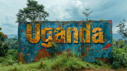 A vibrant photograph capturing a weathered signboard with the word Uganda, showcasing the local culture and identity