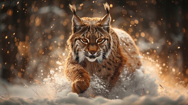 Lynx pouncing with lightning effects vintage tone background