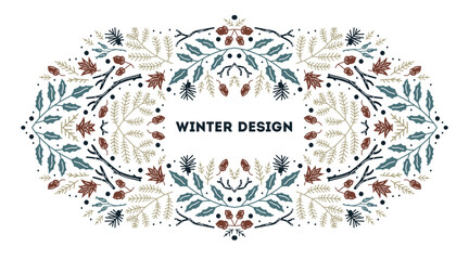 Luxury Christmas arabesque frame, abstract sketch winter floral design templates. Square, holly backgrounds with fir tree. Use for package, branding, decoration, banners