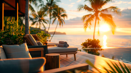 Resort hotel view of palm trees and ocean from a cafe on the beach at sunset
