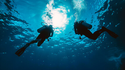 Scuba Divers near the sea surface of the deep blue ocean