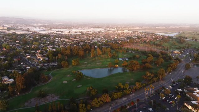 Aerial sunset view San Francisco San Leandro marina