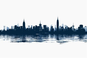 New York City skyline silhouette reflecting on water with iconic buildings and clear horizon backdrop