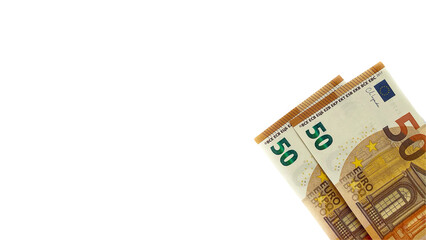 Two 50€ bills. Euro: 100 euro. Europian money. EU money. Isolated on white horizontal background.