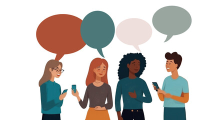 Fototapeta premium Group of young women with mobile phones and speech bubbles. concept of communication, conversation, talking, chatting, speech, smartphone, phone, network, women, group, mobile, people,