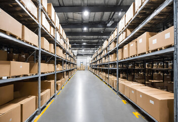 Fototapeta premium Warehouse interior with shelves and boxes