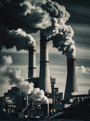 A striking, contrasting image of a coal power plant, representing non-sustainable energy management within a company. 
