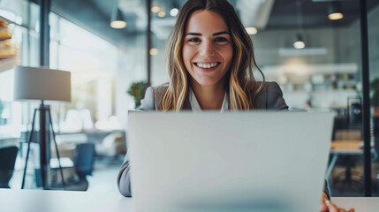 Fototapeta premium Productive Young Businesswoman in Modern Office Setting