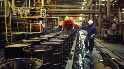 Workers use heavy machinery to move and transport the barrels of gasoline from one part of the production line to another.