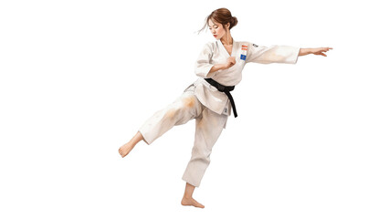 Fototapeta premium Young girl in kimono doing karate exercises concept of judo, taekwondo, karate, training, kick, action, sport, practice, active, exercise, woman, white, health