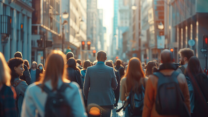 Obraz premium A large group of office workers go to work. Crowded streets of business districts. Blurred office background.