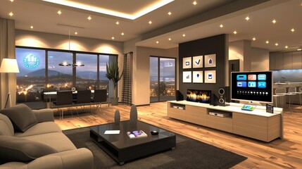 Fototapeta premium Modern living room with smart home gadgets, including a smart thermostat, lighting, and security system, highresolution and detailed