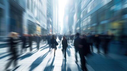 A large group of office workers go to work. Crowded streets of business districts. Blurred office background.