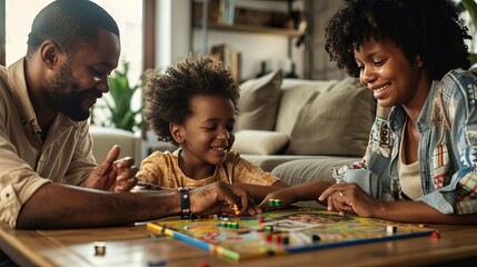 Fototapeta premium Parents and children playing board games together in a cozy living room, engaging and cheerful atmosphere, detailed and inviting