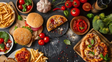 Pizza, Burger, fries, focattio bread, tomatoes, 16:9 - Powered by Adobe
