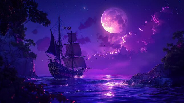 Majestic pirate ship sailing on the ocean under the glow of a full moon, adventurous maritime scene
 Seamless looping 4k time-lapse virtual video animation background. Generated AI