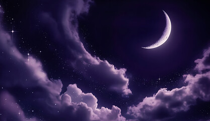 A stunning nighttime  purple wallpaper featuring a vast, deep purple sky adorned with sparkling stars and a delicate crescent moon.
