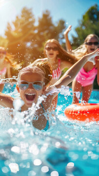 Group of children having fun and playing in a pool on a sunny day