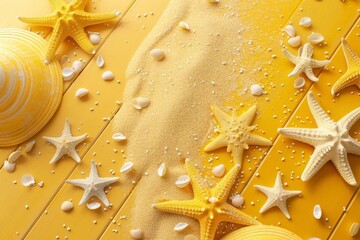 yellow background of relaxing at sea, shell and starfish on wooden background