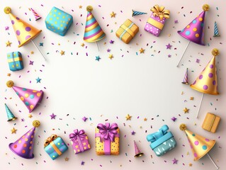 Festive Birthday Celebration Border with Colorful Party Hats, Wrapped Gifts, and Confetti for Birthday Invitations or Event Flyers