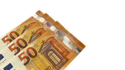Three 50€ bills. Euro: 150 euro. Europian money. EU money. Isolated on white horizontal...