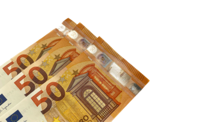 Three 50€ bills. Euro: 150 euro. Europian money. EU money. Isolated on white horizontal background.