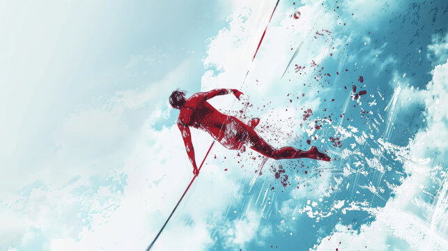 An abstract digital artwork depicts a person balancing on a tightrope high in the sky amidst scattered fragments against a backdrop of blue sky and clouds