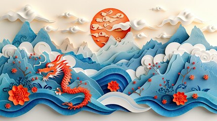 Chinese paper-cut, Chinese dragon, ancient palace, clouds, blue and white porcelain,white background
