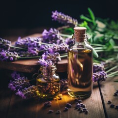 Bottles with essential oil and lavender flowers, holistic medicine background
