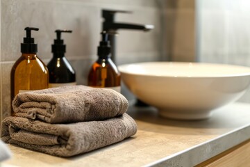 Two towels stacked on a bathroom counter next to sink