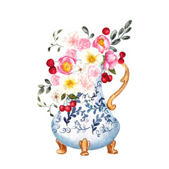 Watercolor composition with hand draw vintage vase, garden flowers and summer berries, strawberry, currant, raspberry and cherry, isolated on transparent background