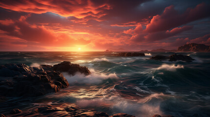 Un coucher de soleil magnifique colore le ciel et l'horizon de teintes d'orange, de rouge et de bleu. 