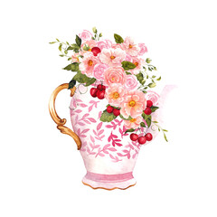 Watercolor composition with hand draw vintage vase, garden flowers and summer berries, strawberry, currant, raspberry and cherry, isolated on transparent background