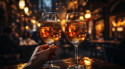 Sur une table de bistro, deux verres à vin, l'un rempli de vin rouge et l'autre de vin blanc,...